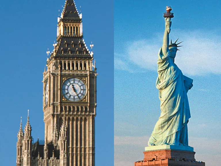 Big Ben clock tower in London, England and Statue of Liberty in New York City. 