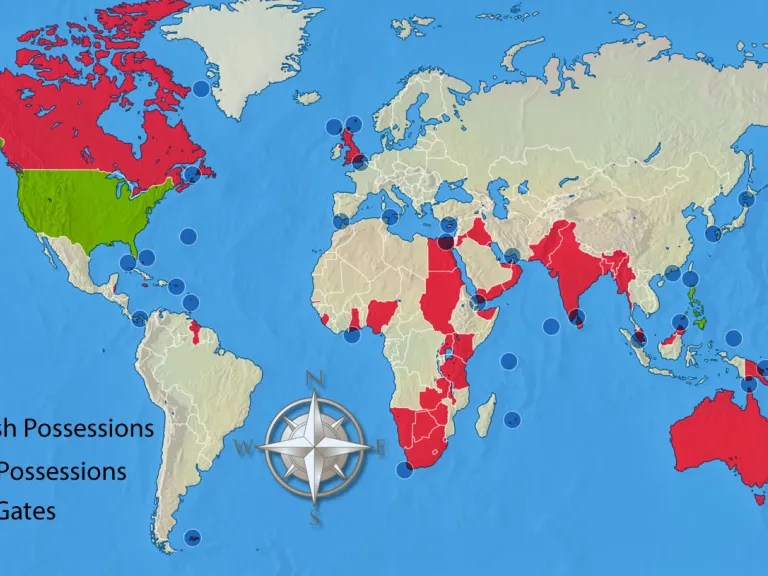 Un mapa mundial que muestra las posesiones británicas y estadounidenses junto con las principales puertas de mar.