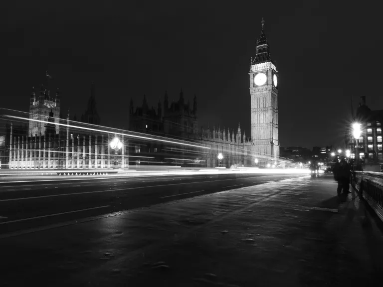 Night scene in London, England with the Big Ben Tower in the back ground.