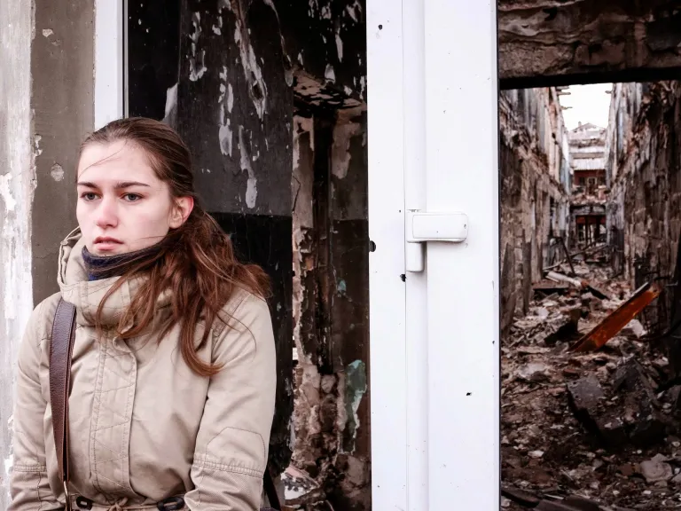 A young woman standing outside a crumbling building.