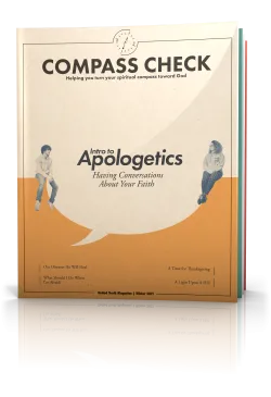 Tilted render of Compass Check Winter 2021 Cover, Showing a man and woman on opposite sides of a speech bubble with the title "Intro to Apologetics"